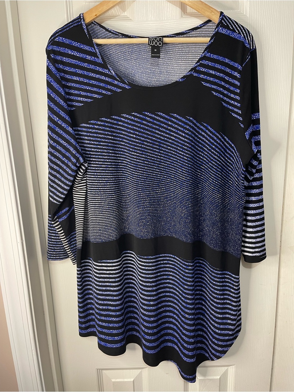 Clara Sun Woo Blue Stripe Asymmetric Long Line Artsy Top size 1X